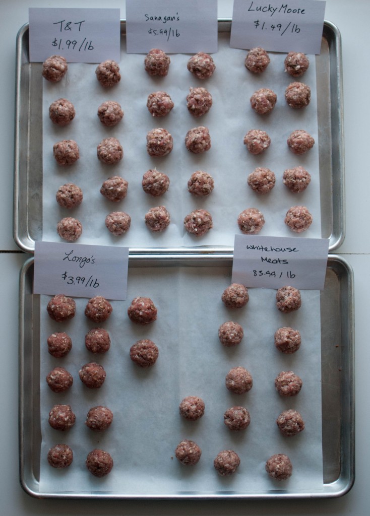 pork meatballs labelled and on baking sheet