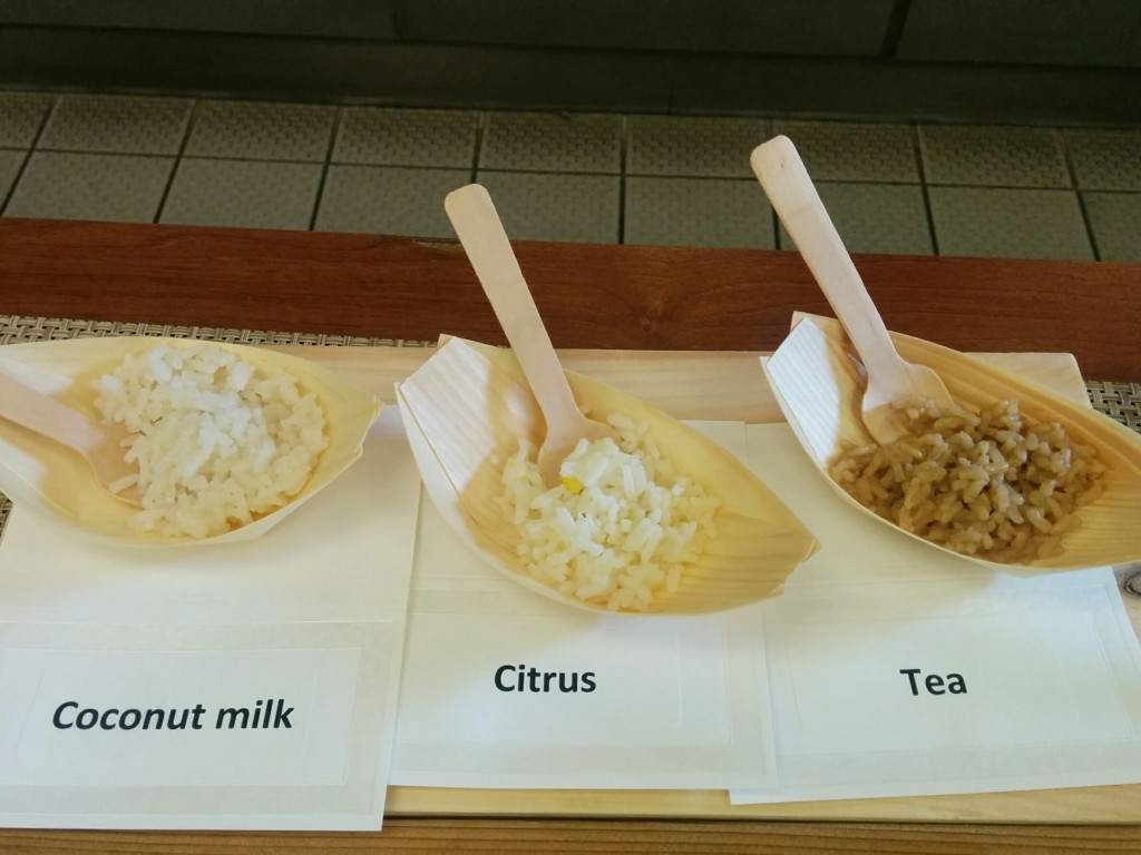 Rice steeped in different cooking liquids
