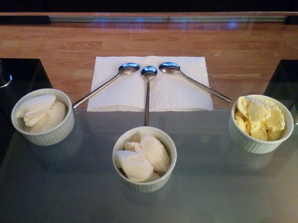 Three types of vanilla ice cream (from left to right): Skinny (13% milk fat), regular (18% milk fat), French vanilla (with egg yolks)