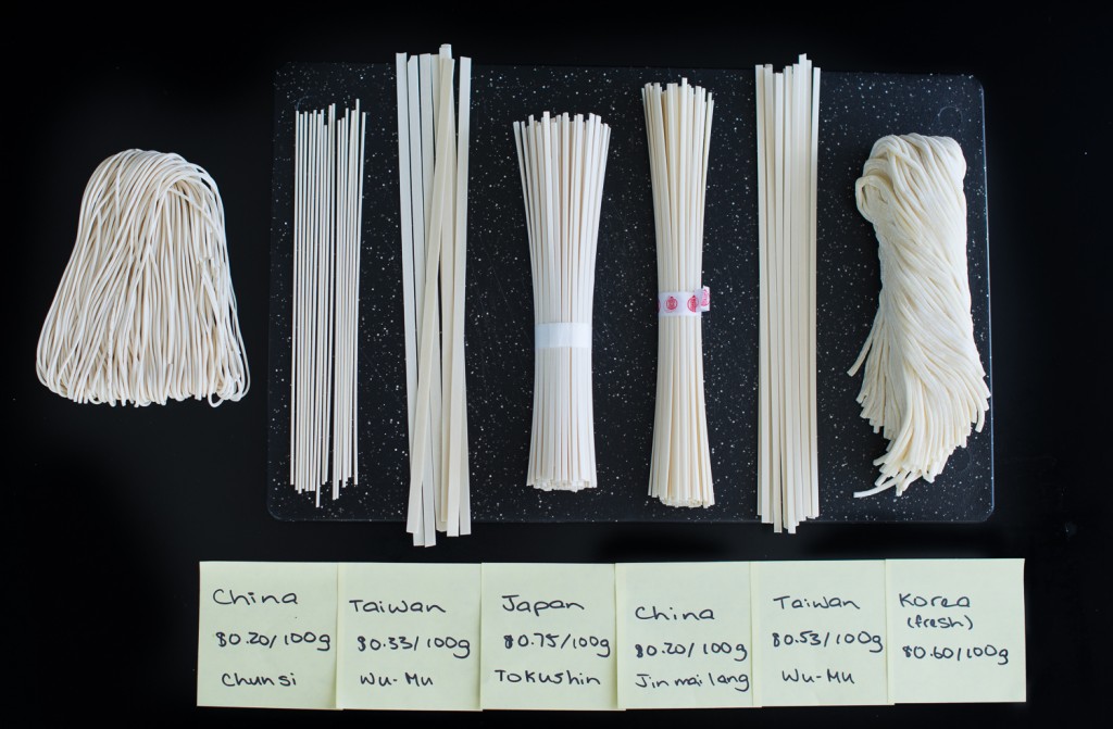 This is what all the different noodles look like outside of their packages. The noodle bunch on the far left is the Kuan Miao brand (Taiwan, $0.75/100g) which was the overall favourite next to fresh)