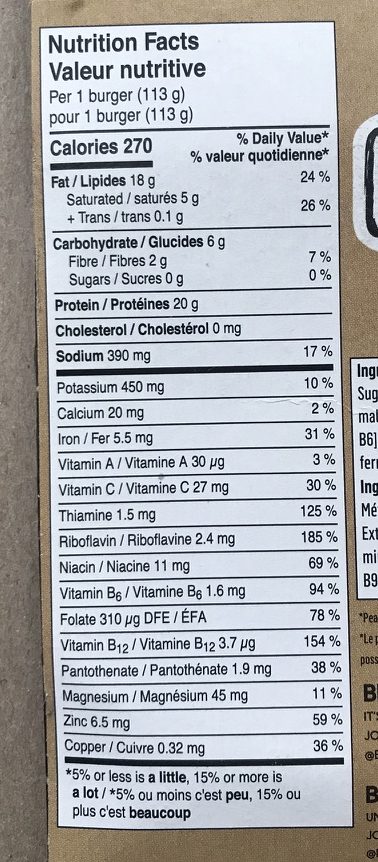 Beyond Meat nutrition facts table